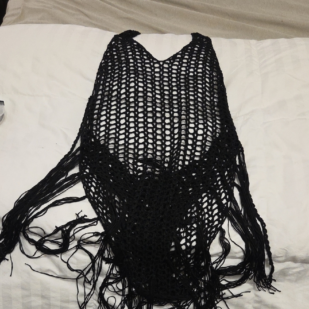 Black Crochet Fringe Beach Cover Up